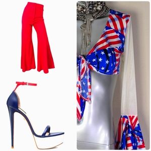 "COSPLAY" American Patriotic Cropped Festival Parade Ruffle Sleeve Top